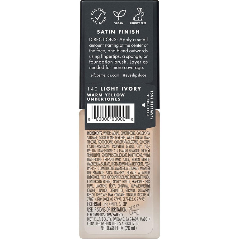 e.l.f. Light Ivory Flawless Finish Foundation - Medium Coverage & Semi-Matte Finish (0.68 Fl Oz/20mL) - Nourishing, Blendable & Buildable for All Skin Types