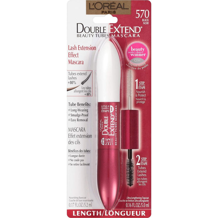 L'Oreal Paris Fiber-Enriched Lengthening Mascara in Black, 0.33 Ounces - Double Extend Beauty Tubes for Smudge-Free Lash Extension Effect