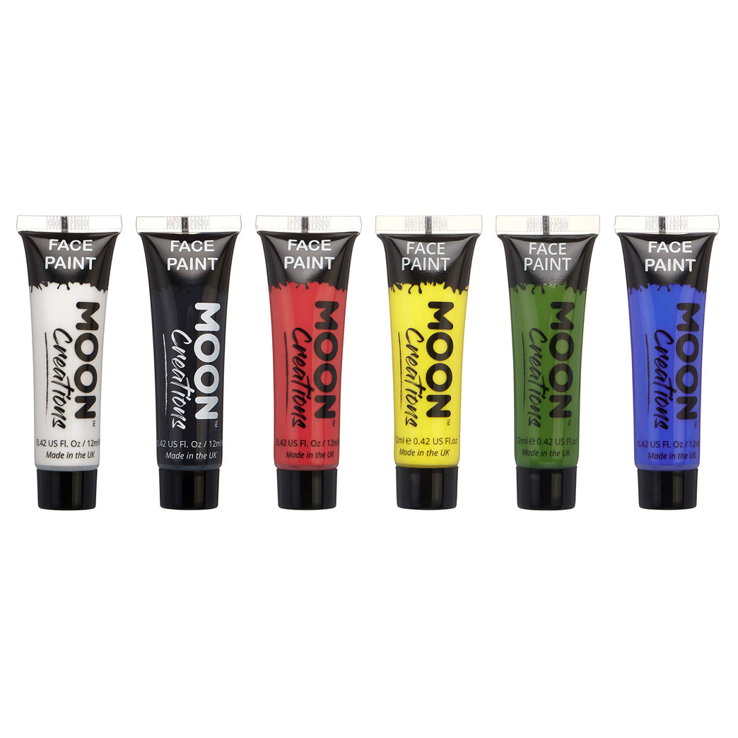 Moon Creations Face & Body Paint Tubes | Primary Set | 12ml | Ready to Use Face Paint | No Flake | Cruelty Free, Made in UK | Face Paint for Kids, Adults, Fancy Dress, Festivals, Halloween & More