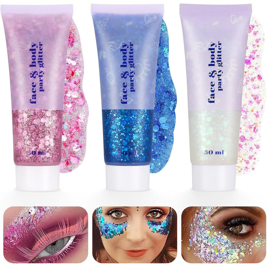 3Pcs Body Glitter Gel,50ml Mermaid Sequins Chunky Glitter Liquid Gel Kit,Chunky Powder Gel for Face Body Eye Hair Nail DIY Art Festival Party Makeup Decoration