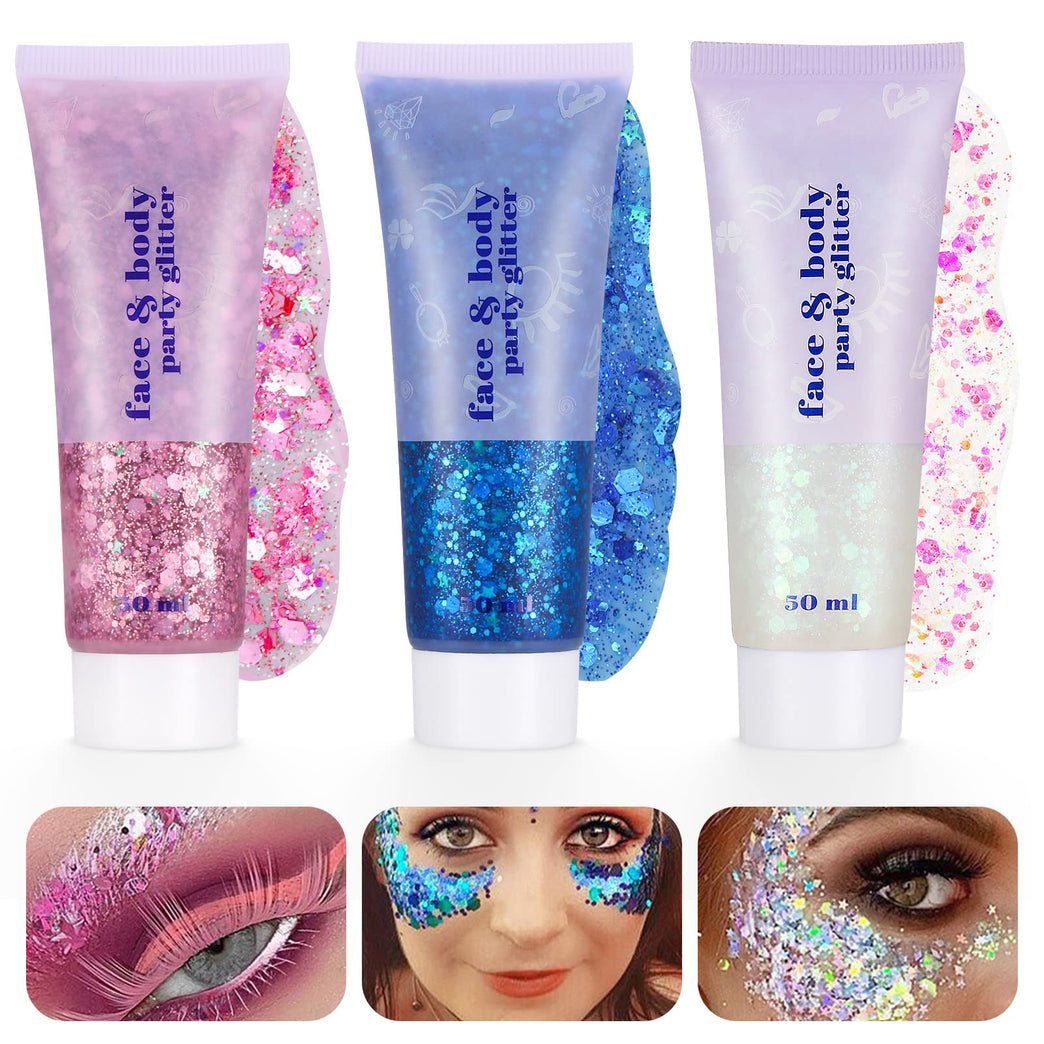 3Pcs Body Glitter Gel,50ml Mermaid Sequins Chunky Glitter Liquid Gel Kit,Chunky Powder Gel for Face Body Eye Hair Nail DIY Art Festival Party Makeup Decoration