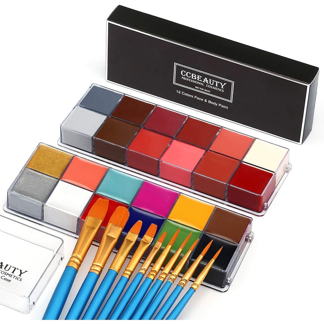 CCBeauty 24-Color Professional Oil-Based Face and Body Paint Kit with 10 Specialty Brushes for Halloween and Party Makeup