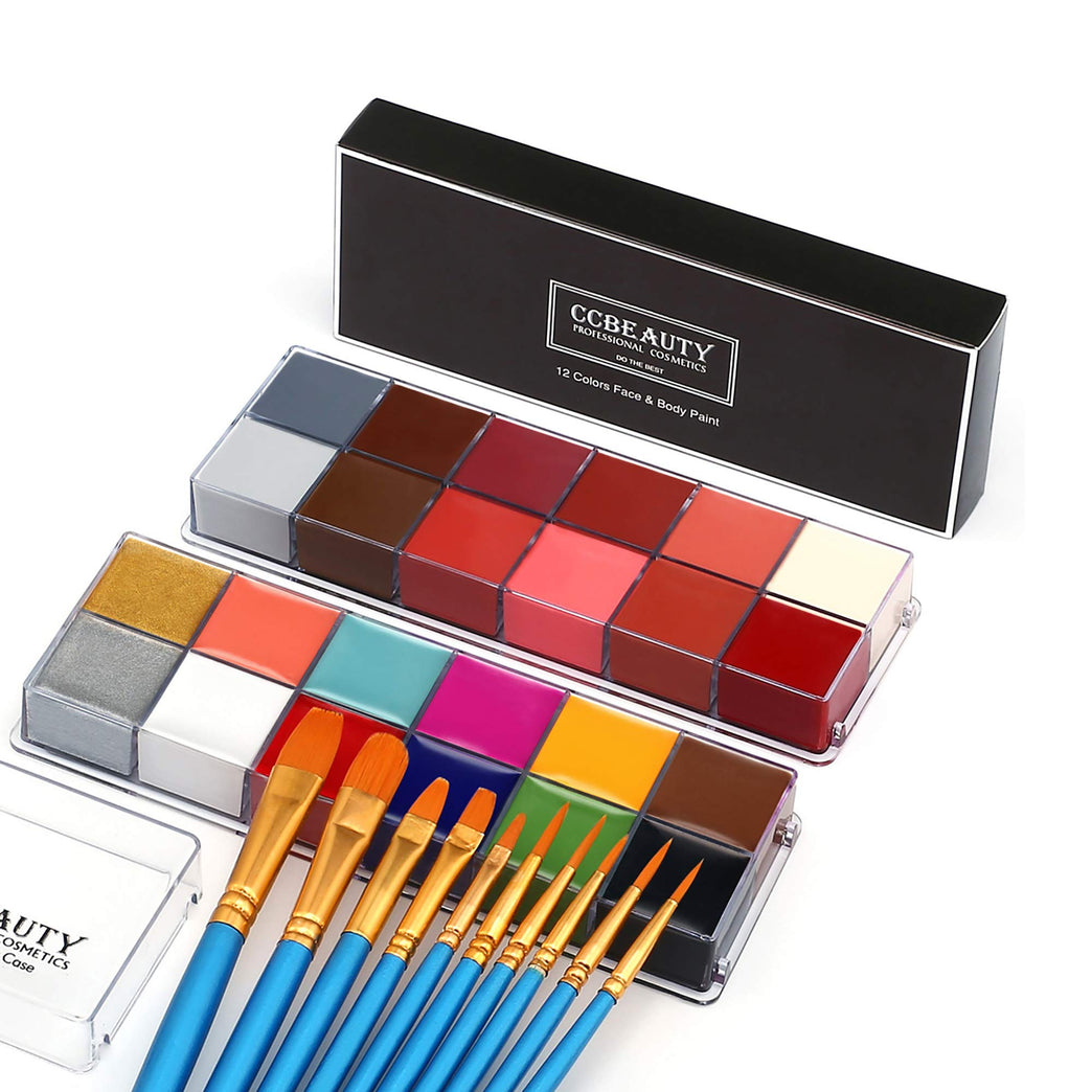 CCBeauty 24-Color Professional Oil-Based Face and Body Paint Kit with 10 Specialty Brushes for Halloween and Party Makeup