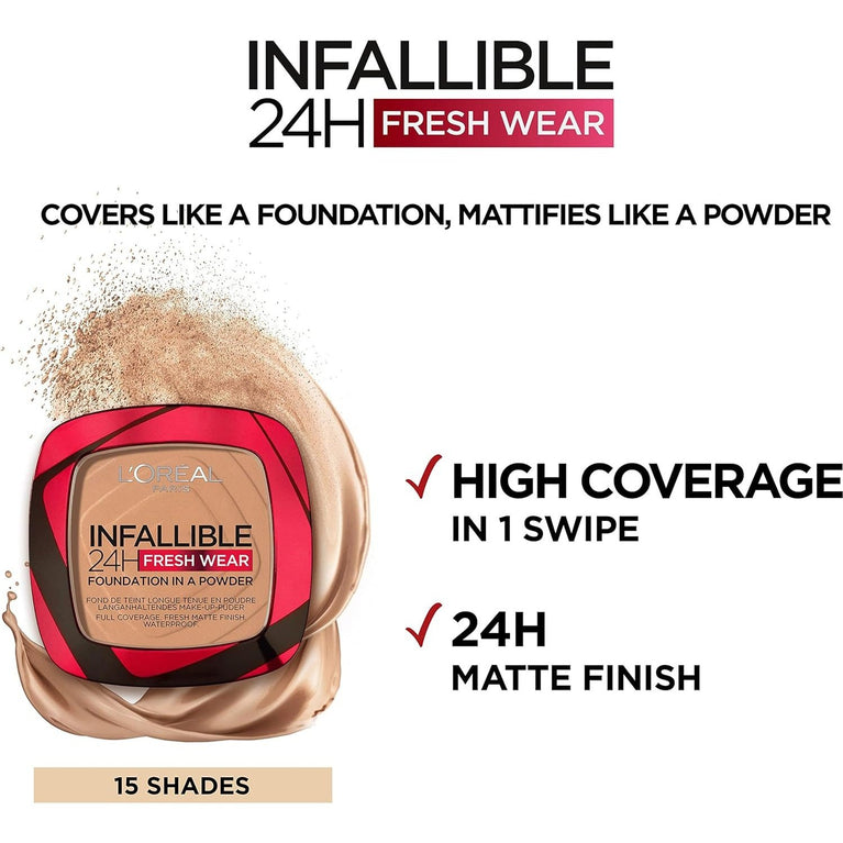 L'Oréal Paris Infallible 24H Fresh Wear Powder Foundation, Full Coverage, Weightless and Long Lasting, Water-Resistant, 20 Ivory