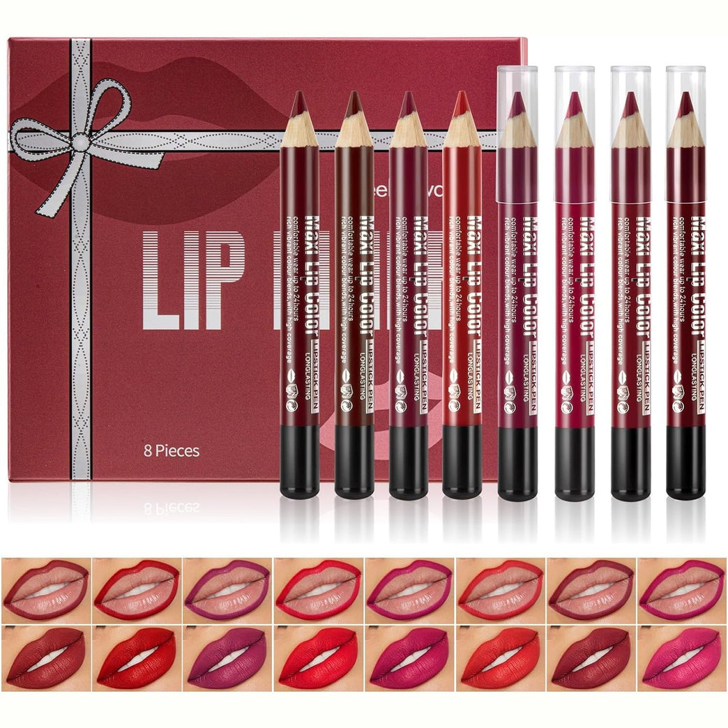 Beteligir Vibrant 8-Color Matte Lip Liner Set with Sharpener, Long-Lasting and Waterproof Lip Crayon, Non-Drying and Easy to Apply, Cruelty-Free (01)