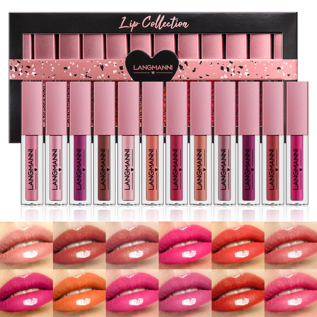 LANGMANNI 12-Color Lip Gloss Makeup Set: Shiny, Smooth & Long-Lasting Lip Stains for Women and Girls