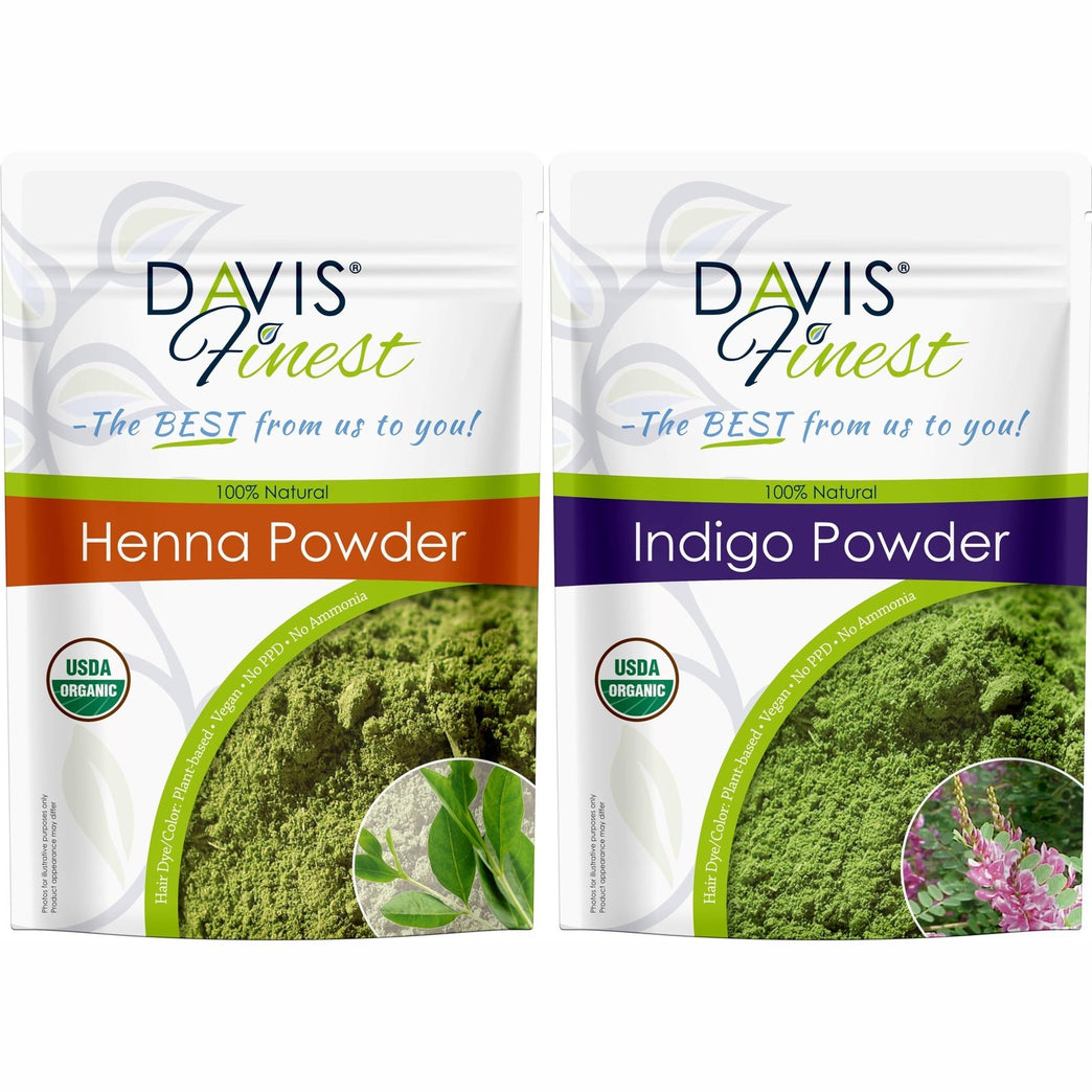 Davis Finest Organic Henna & Indigo 200g - 100g Pure Organic Henna +100g Organic Indigo Powder, Natural Hair Colour/Beard Dye PPD-Free
