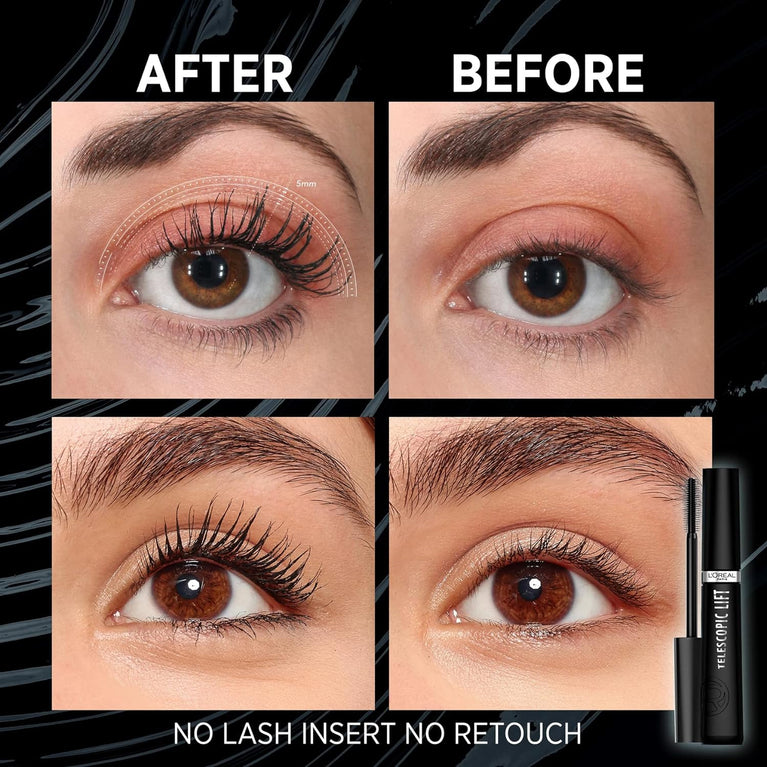 L'Oréal Paris Telescopic Lift Mascara, 36H Endurance, Enhances Lash Length by Up to +5mm*, Clump-Free, Smudge-Free, Flake-Free, Ideal for Sensitive Eyes, Black, 25g