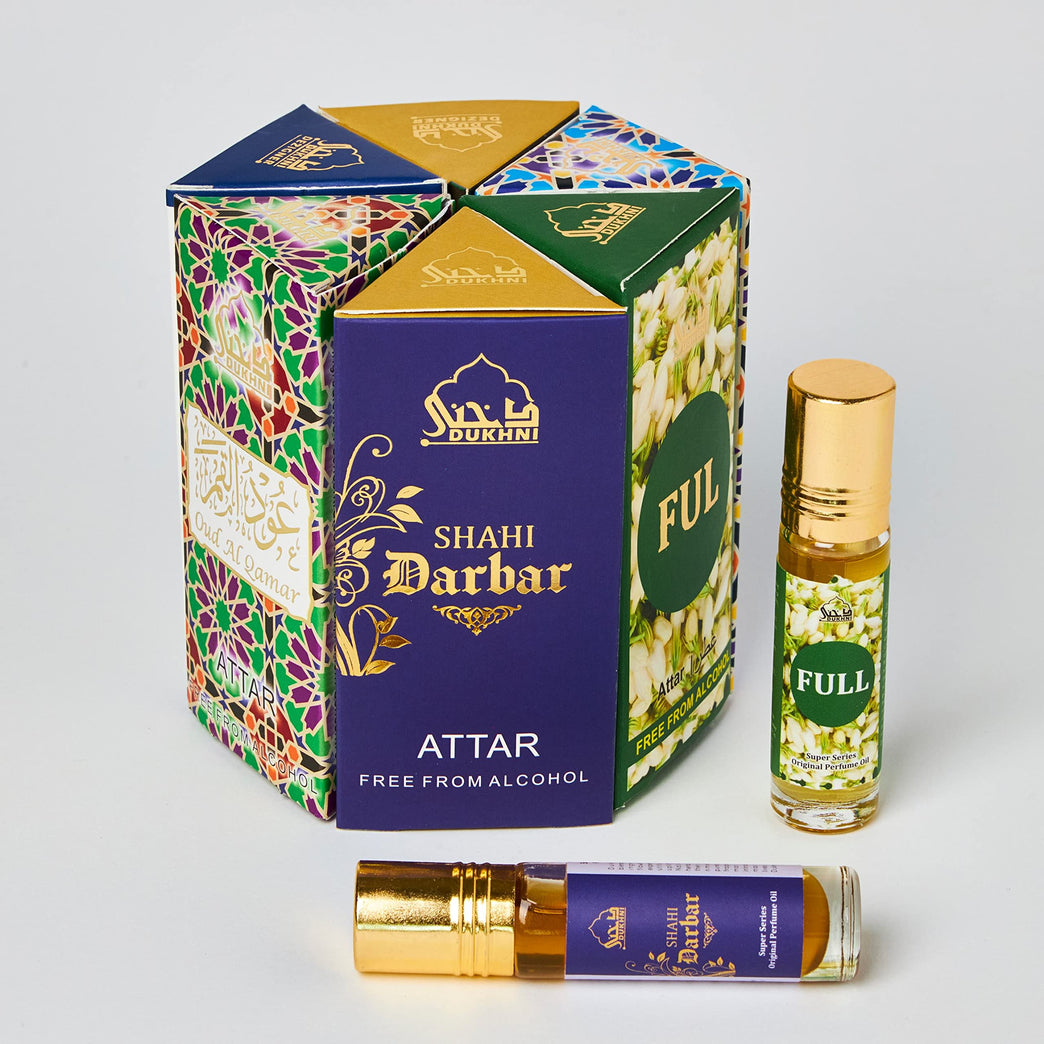 Assorted Arabian Attar Oil Sampler Set by Dukhni | 6 Unique Scents x 6ml Bottles | Men and Women's Perfume Oils | Halal & Vegan Islamic Fragrances