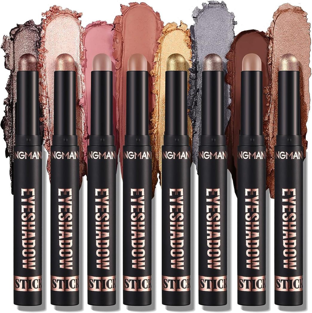 Versatile 8-Piece Waterproof Eyeshadow Stick Set - Matte, Shimmer and Metallic Finish Eye Shadow Crayons for Long-Lasting, Crease-Free Wear (Set B)