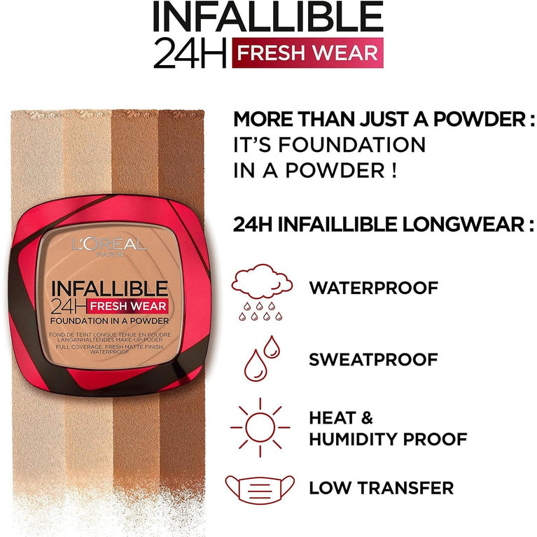 L'Oréal Paris Infallible 24H Fresh Wear Powder Foundation, Full Coverage, Weightless and Long Lasting, Water-Resistant, 20 Ivory
