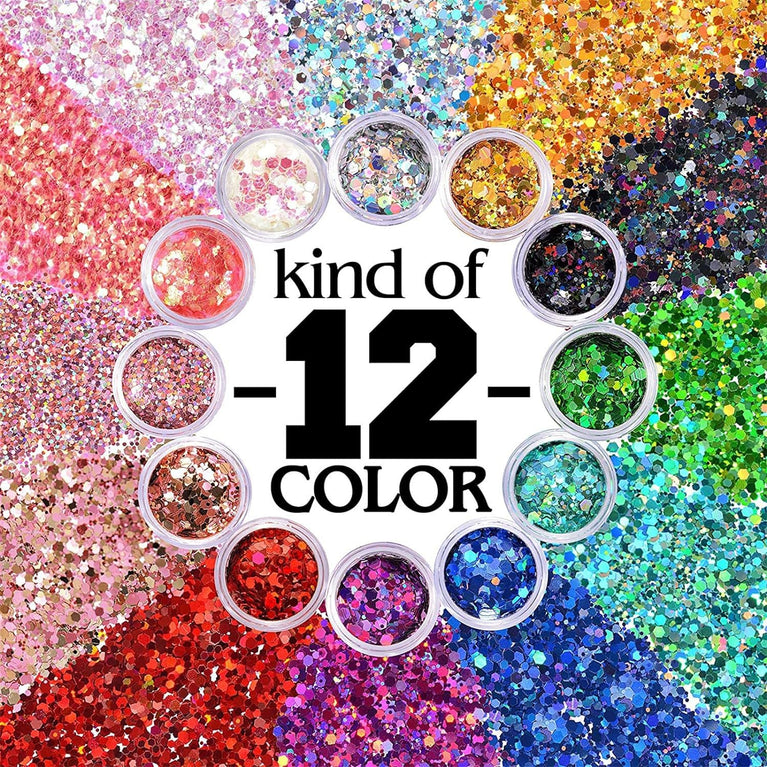 Veroa Festive Body and Hair Glitter Set - 12 Vibrant Colors for Parties, Festivals, and Raves (10g x 12PCS)