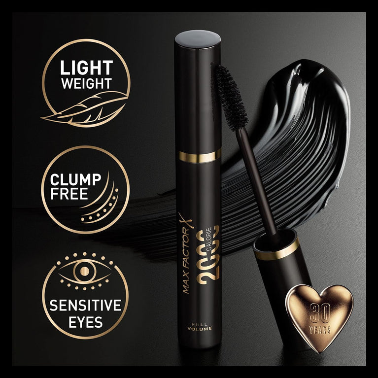 Max Factor Dramatic Volume 2000 Calorie Mascara in Black, 9 ml Single Pack - Suitable for Sensitive Eyes