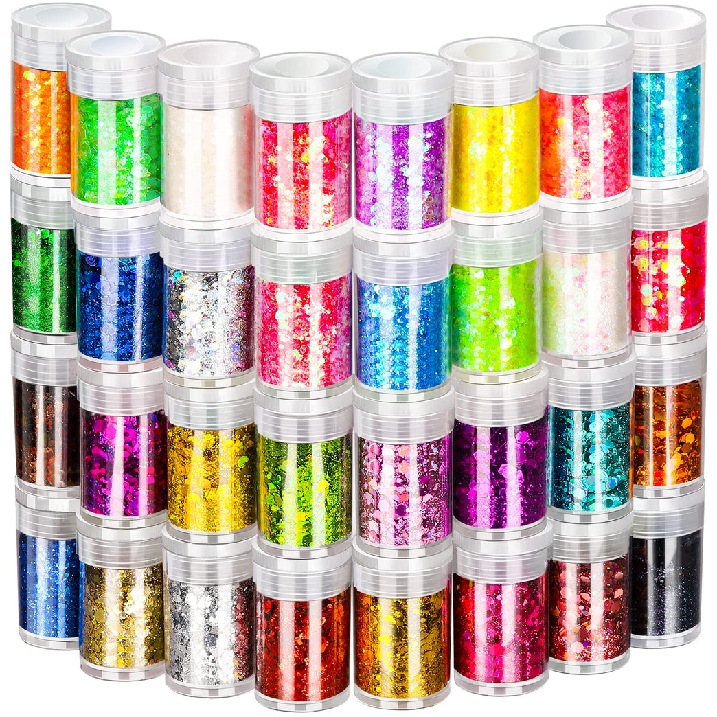 FANDAMEI 32-Color Holographic Chunky Glitter Set for Body, Face, Hair, Nails and Crafts - Non-toxic and Harmless Sparkle Decoration for Festivals, Parties, and DIY Resin Projects