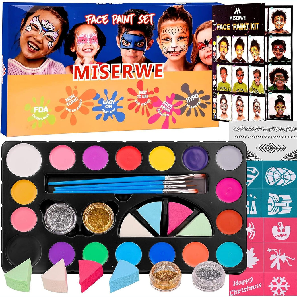 Miserwe 18-Color Professional Face Painting Set for Kids & Adults - Safe & Non-Toxic Body Paint for Halloween, Cosplay, and Party Makeup with Brushes, Stencils & Glitter Accessories