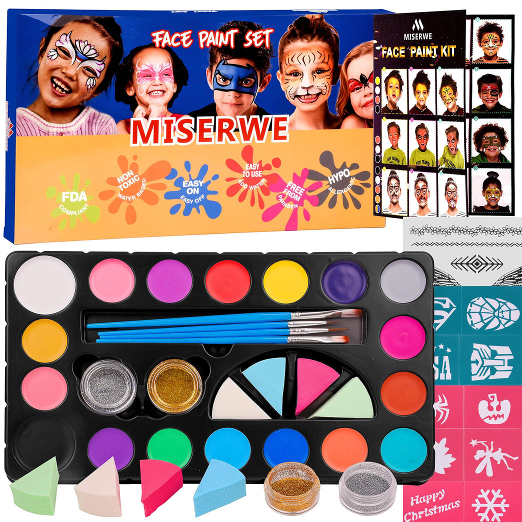 Miserwe 18-Color Professional Face Painting Set for Kids & Adults - Safe & Non-Toxic Body Paint for Halloween, Cosplay, and Party Makeup with Brushes, Stencils & Glitter Accessories